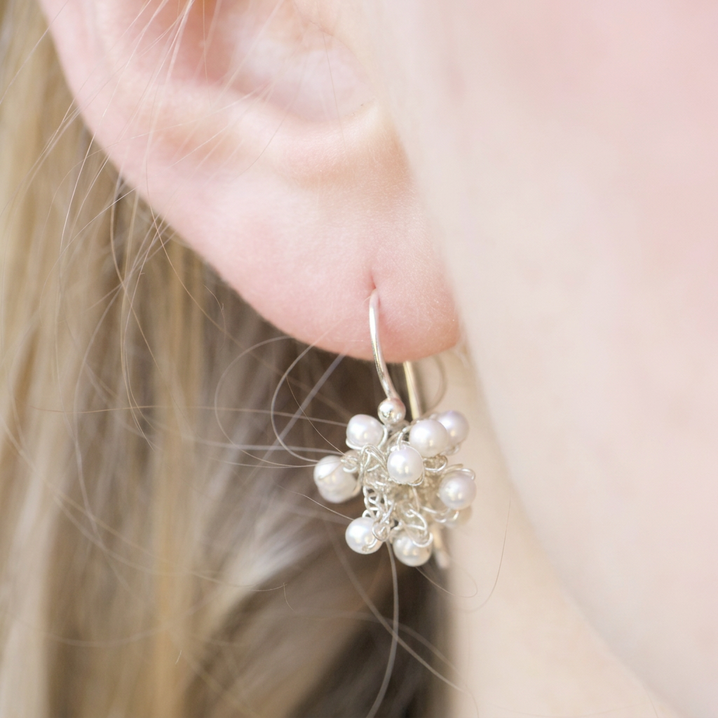 White pearl earrings crocheted